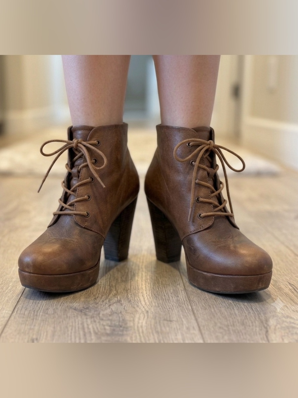Steve Madden Brown Leather Platform Lace-Up Heeled Ankle Boots (Size 10)